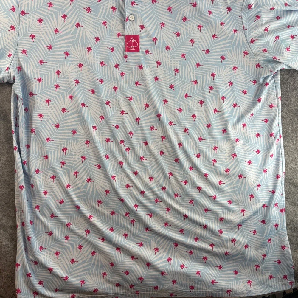 Pins & Aces Polo Shirt Men XXL Blue Pink Tropical Palm Tree Performance Golf Tee